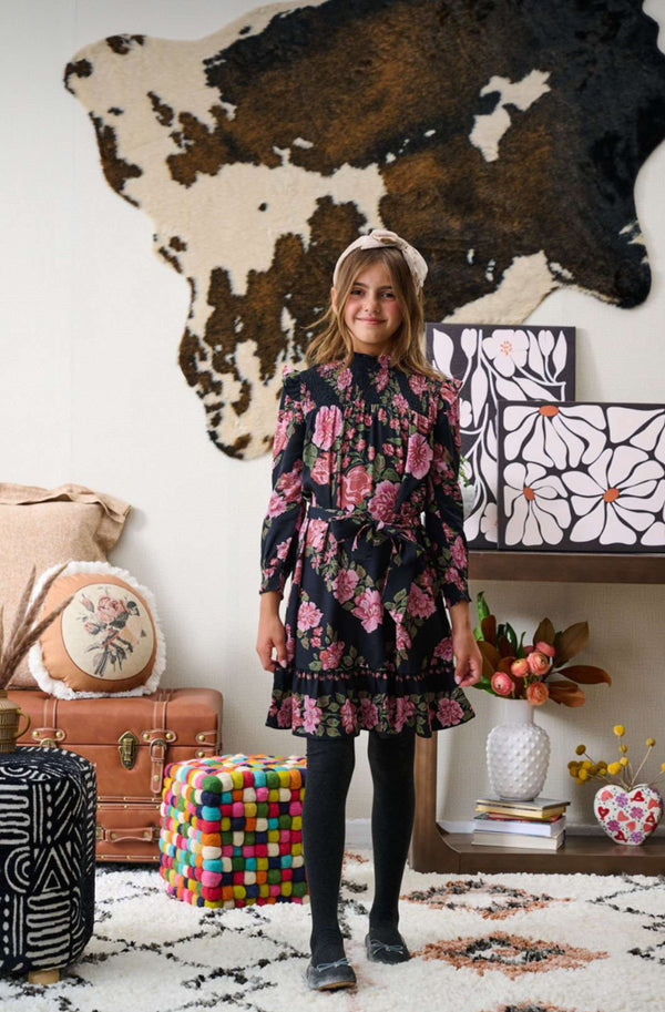 Porter Black Cotton Dress with Large Pink Floral