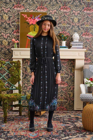Laurent Black Chiffon Small Pleat Floral Dress