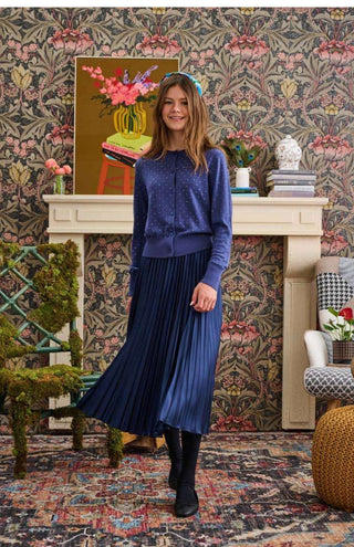 Laurent Blue Rhinestone cardigan Satin Pleated Skirt 2PC