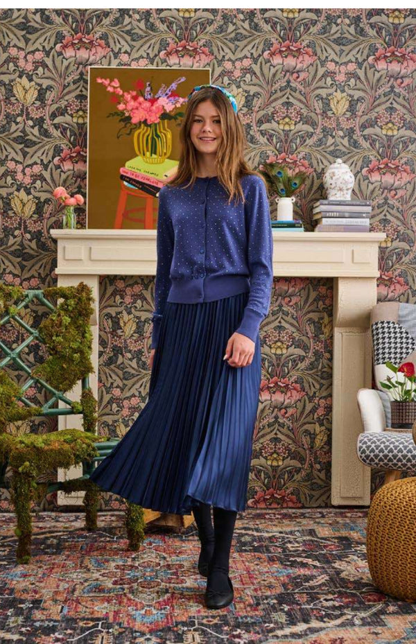 Laurent Blue Rhinestone cardigan Satin Pleated Skirt 2PC