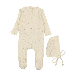 Lilette Printed Pointelle Wrap Footie Set In Milk/Taupe