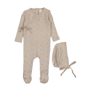 Lilette Printed Pointelle Wrap Footie Set In Taupe