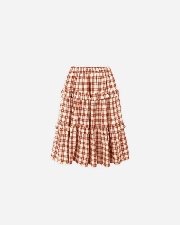Rylee and Cru Tiered Midi Skirt in Red Plaid